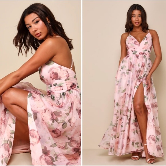 LULU's Floral Sexy Flowy Prom Wedding Chic Flowy Organza Maxi Dress NWOT - Picture 1 of 4